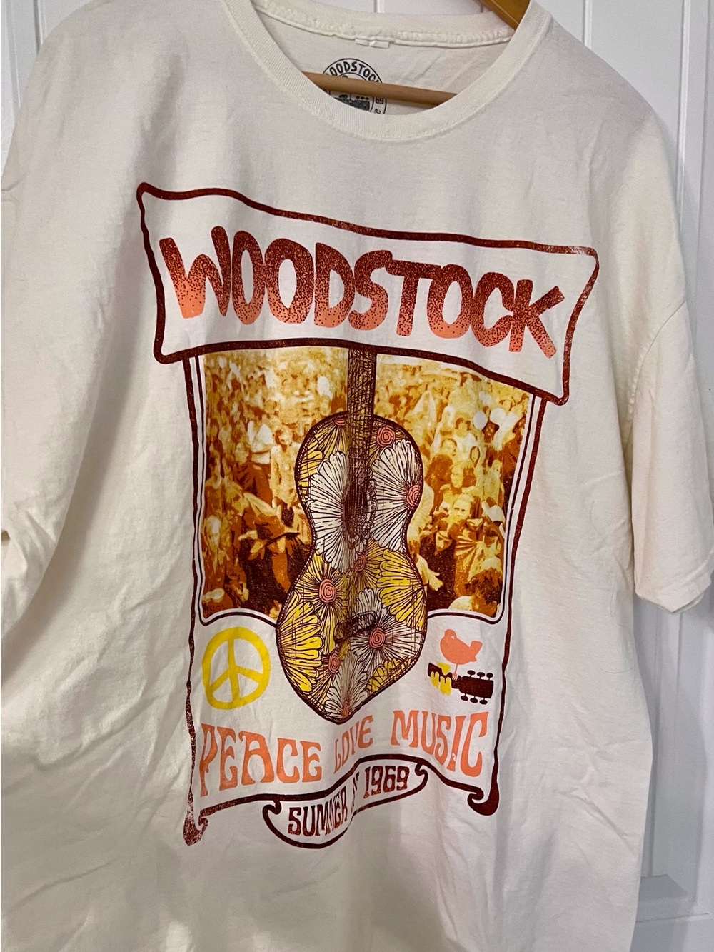 Urban Outfitters Woodstock Cream Graphic Tee with Yellow & Brown Accents
